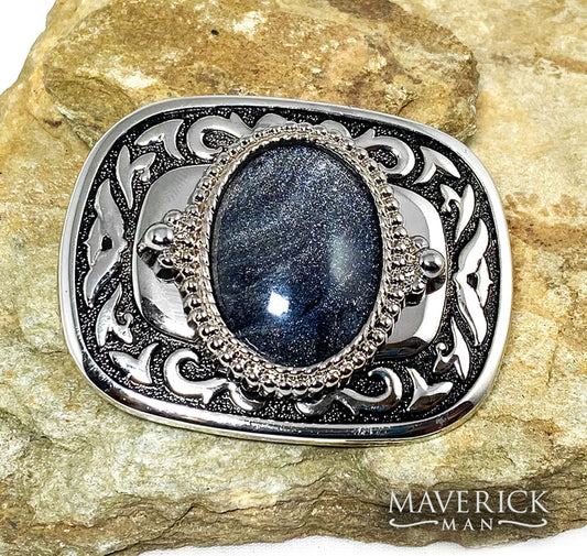 Black and silver western belt buckle with hand painted black and platinum stone