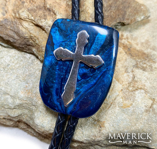 Christian bolo tie made from slate - hand painted in black and metallic sapphire blue