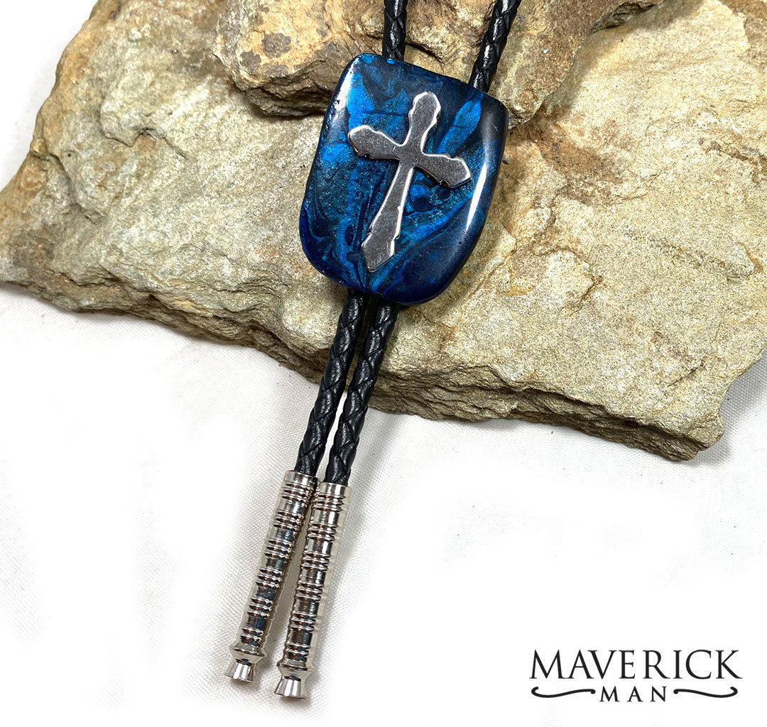 Christian bolo tie made from slate - hand painted in black and metallic sapphire blue