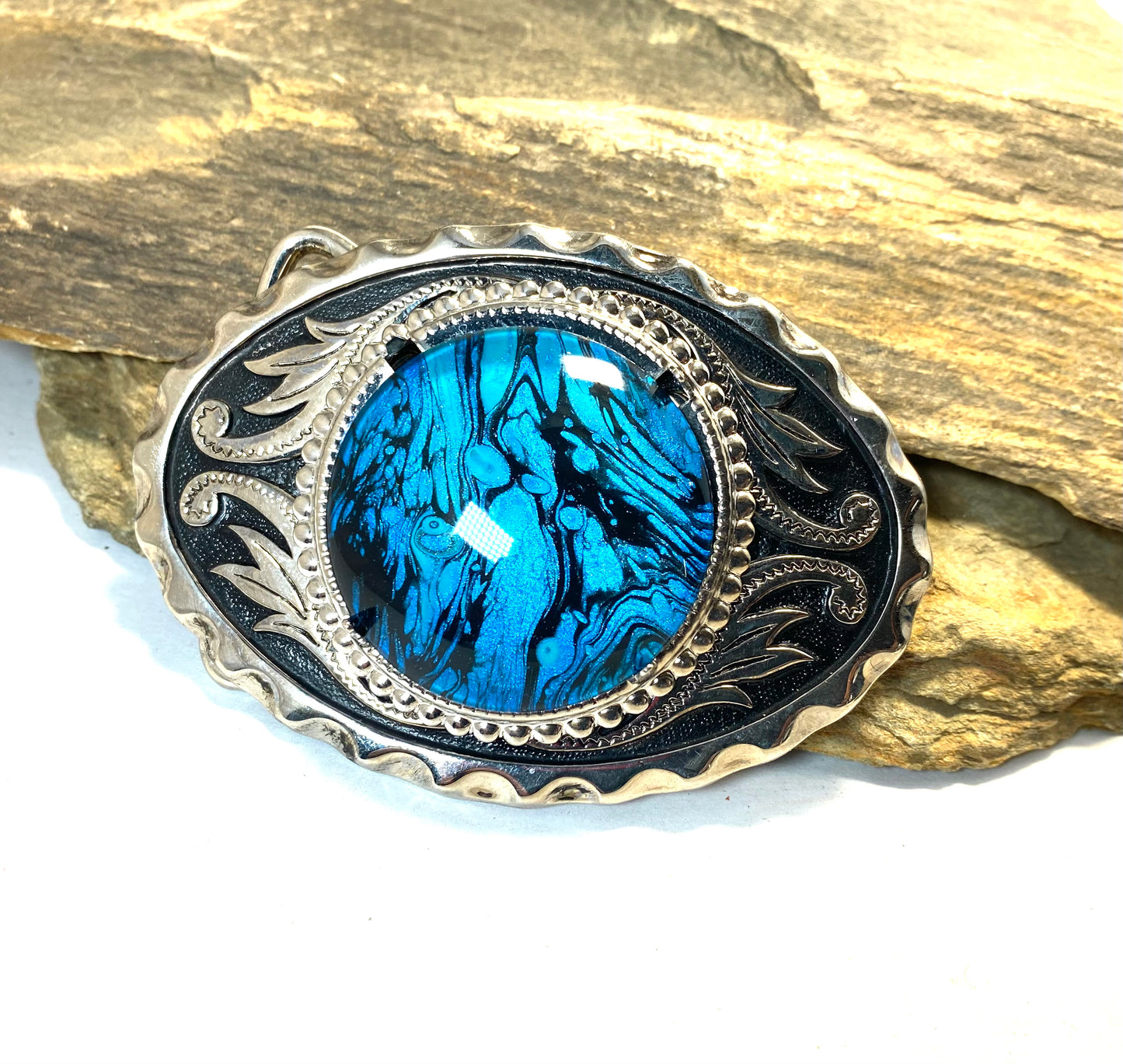 Black and Silver filigree buckle with blue and black stone - set available