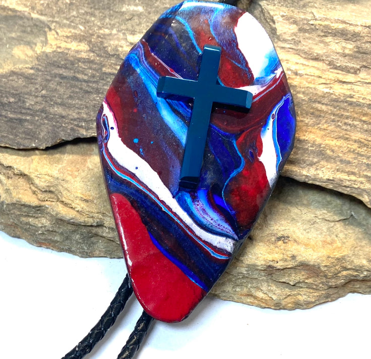 Extra Large slate bolo tie in red white and blue colors