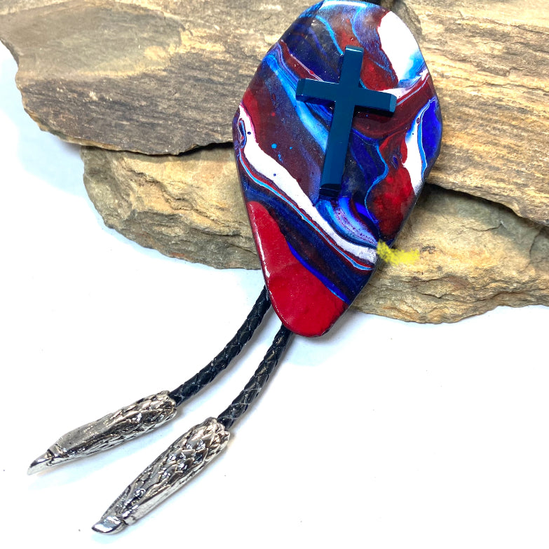 Extra Large slate bolo tie in red white and blue colors