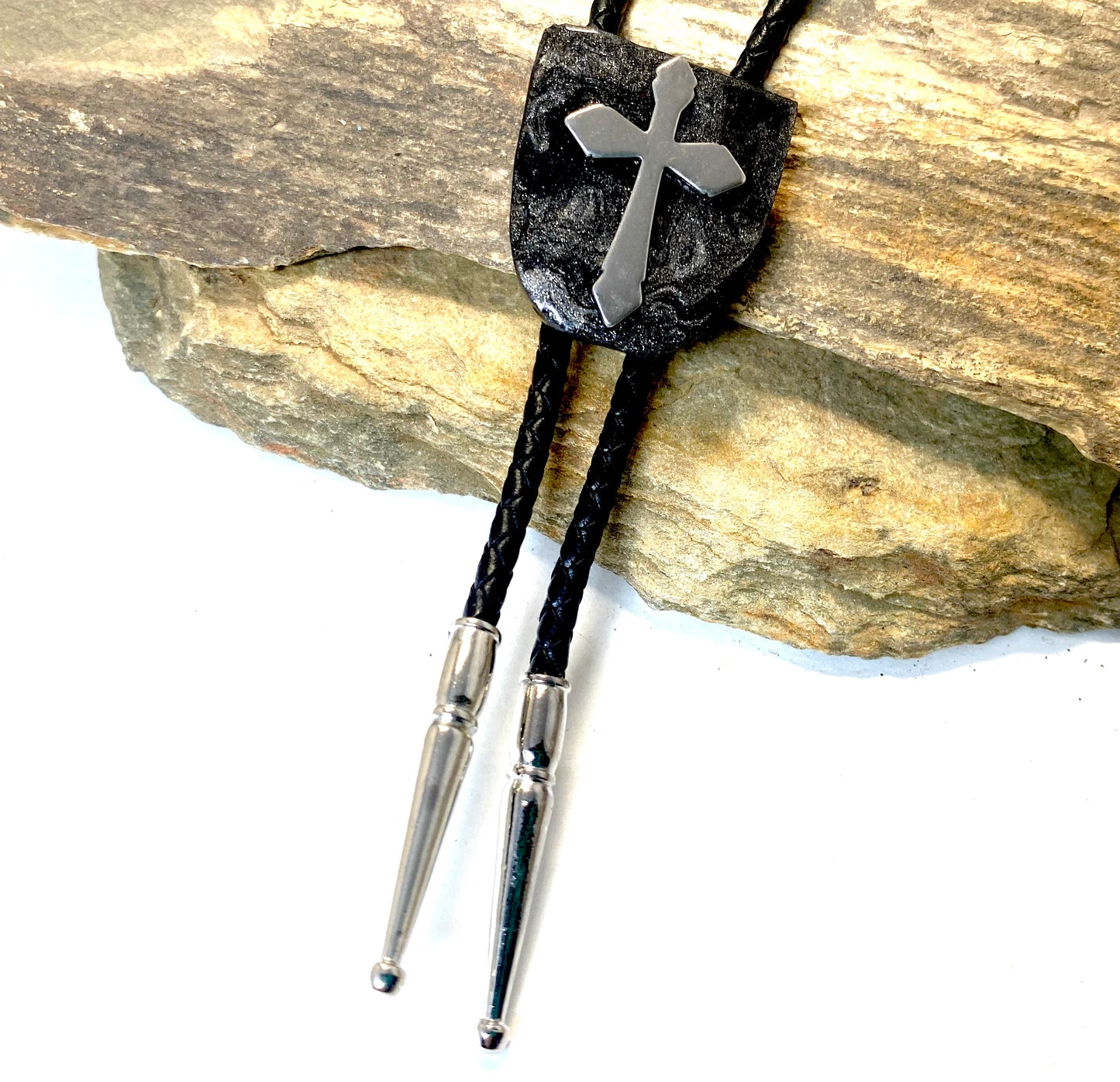 Small Christian bolo tie made from slate w stainless steel cross