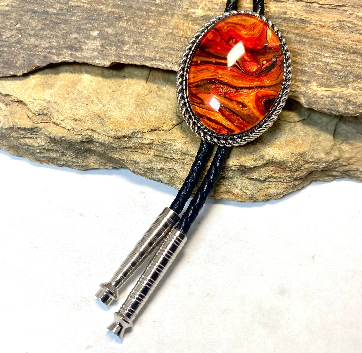 Red earthtone art in silver bolo - SET AVAILABLE
