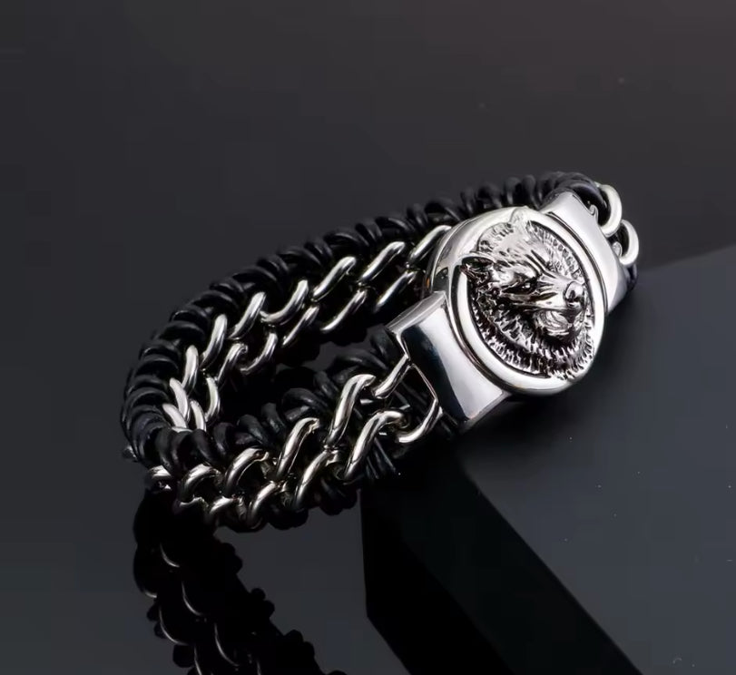 Heavy duty black and silver leather bracelet with stainless steel wolf