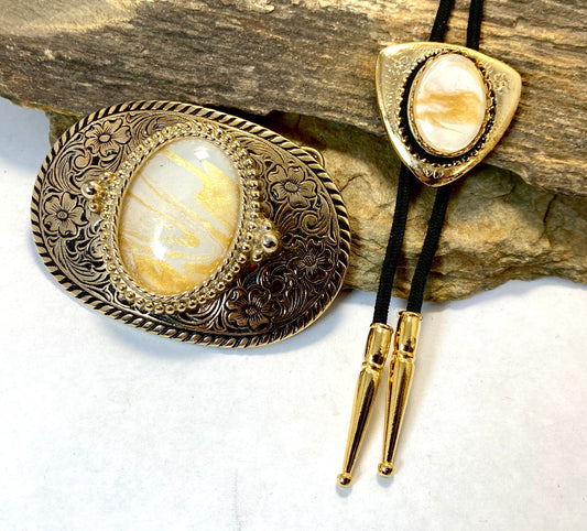 Eye-catching gold and white bolo and buckle set