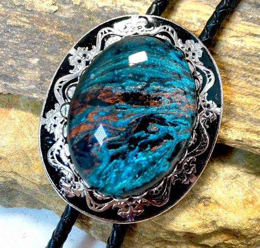Handsome black and silver filigree buckle with hand painted stone - SET AVAILABLE