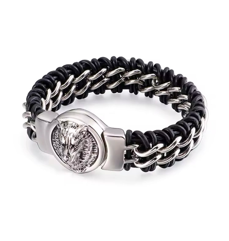 Heavy duty black and silver leather bracelet with stainless steel wolf