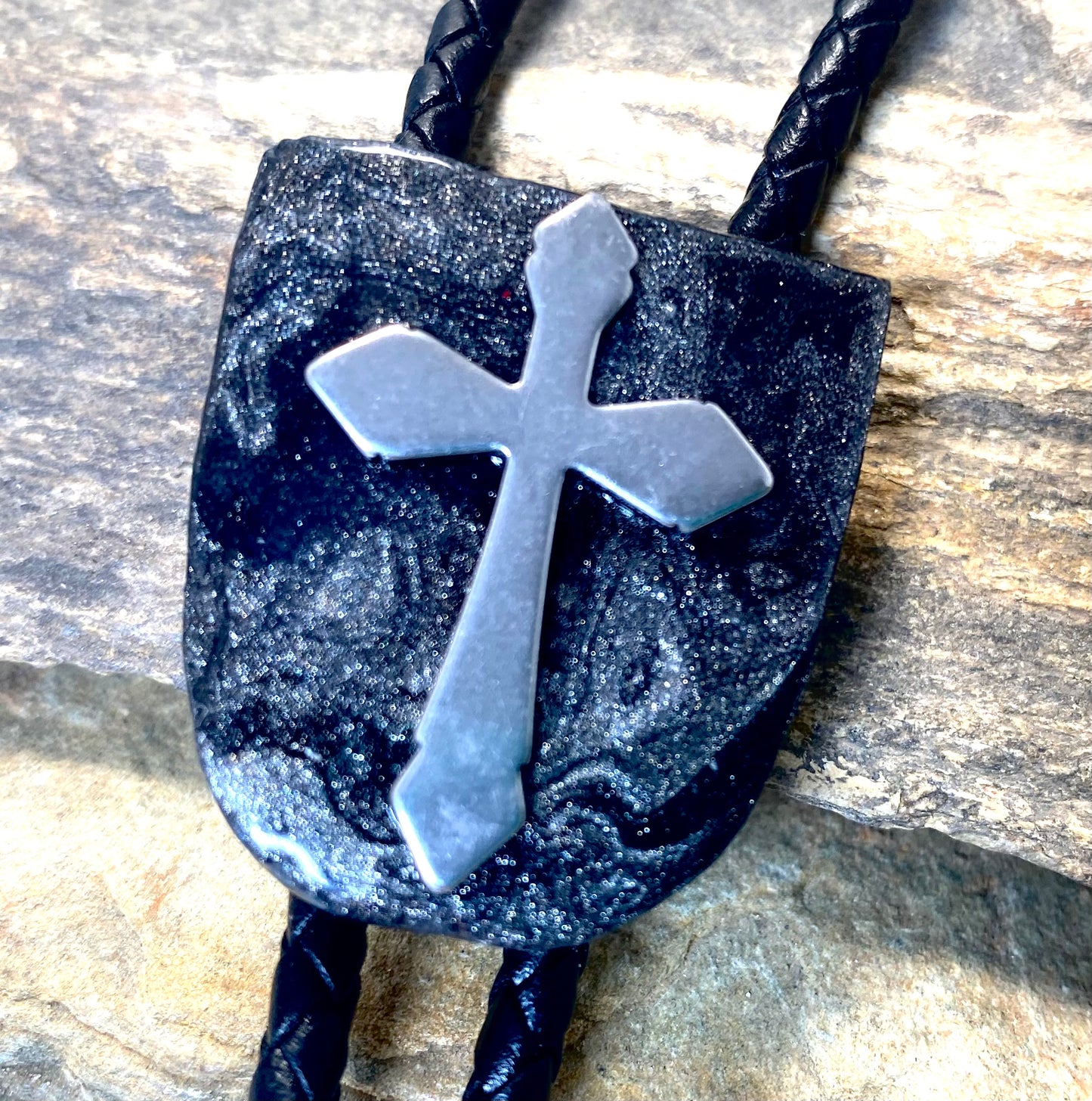 Small Christian bolo tie made from slate w stainless steel cross
