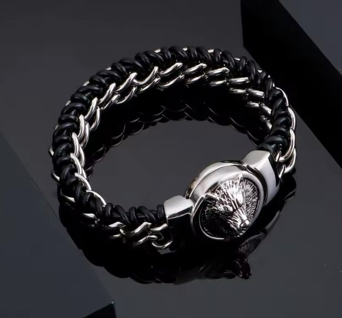 Heavy duty black and silver leather bracelet with stainless steel wolf