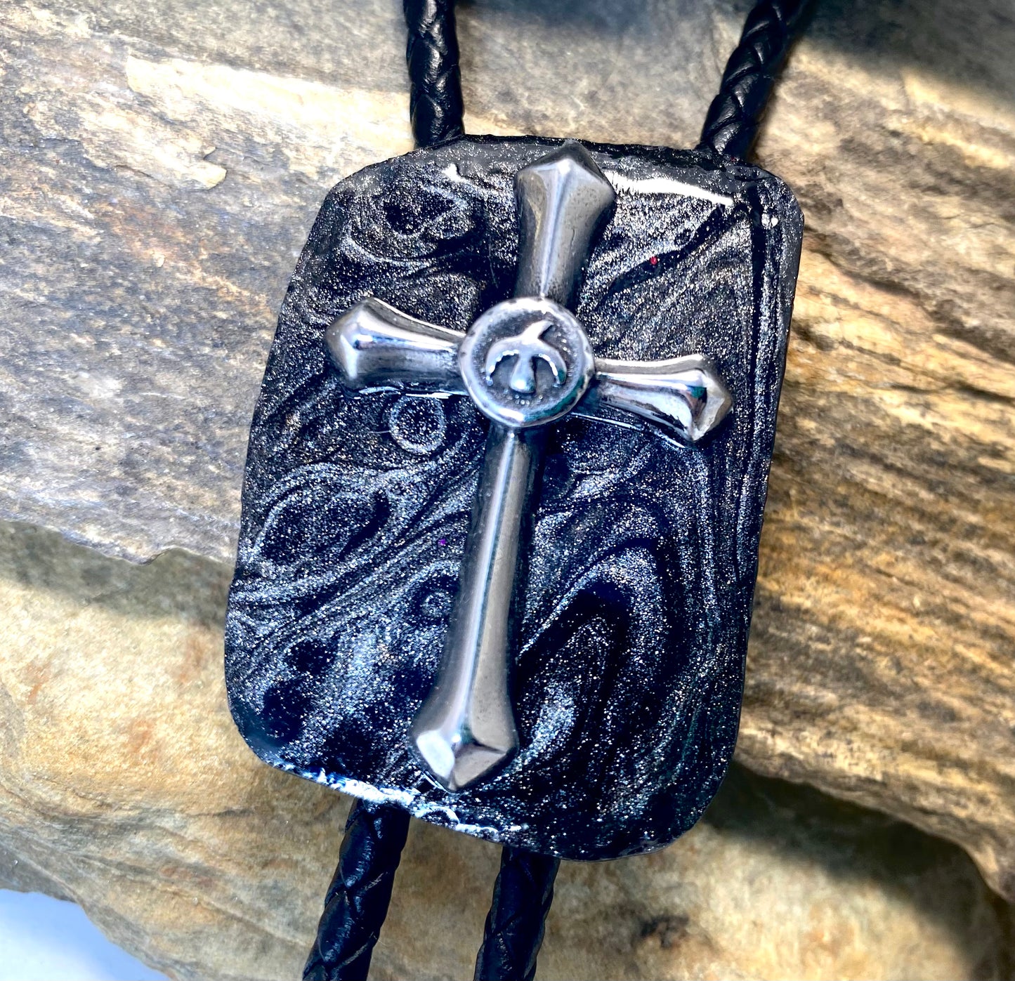 Christian bolo tie made from slate w stainless steel cross