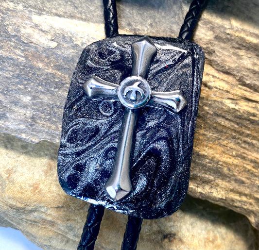 Christian bolo tie made from slate w stainless steel cross