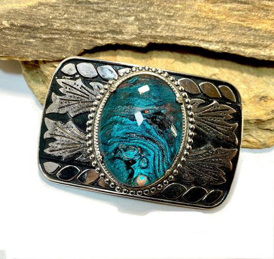 Handsome black and silver filigree buckle with hand painted stone - SET AVAILABLE
