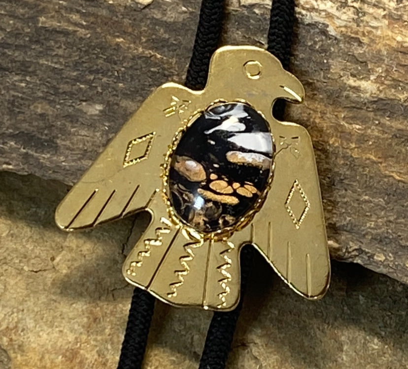 Lightweight golden thunderbird bolo with hand painted stone