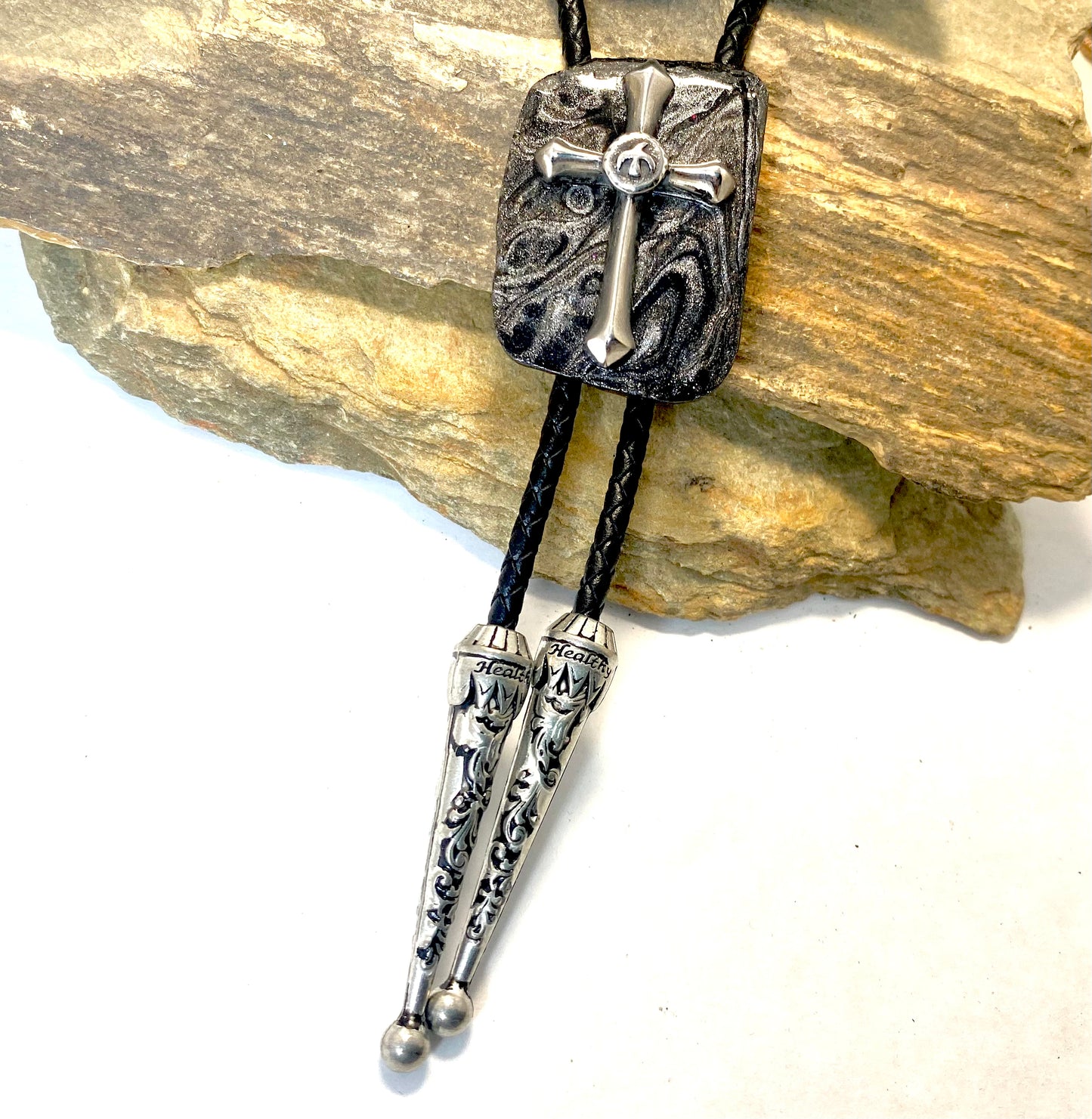 Christian bolo tie made from slate w stainless steel cross
