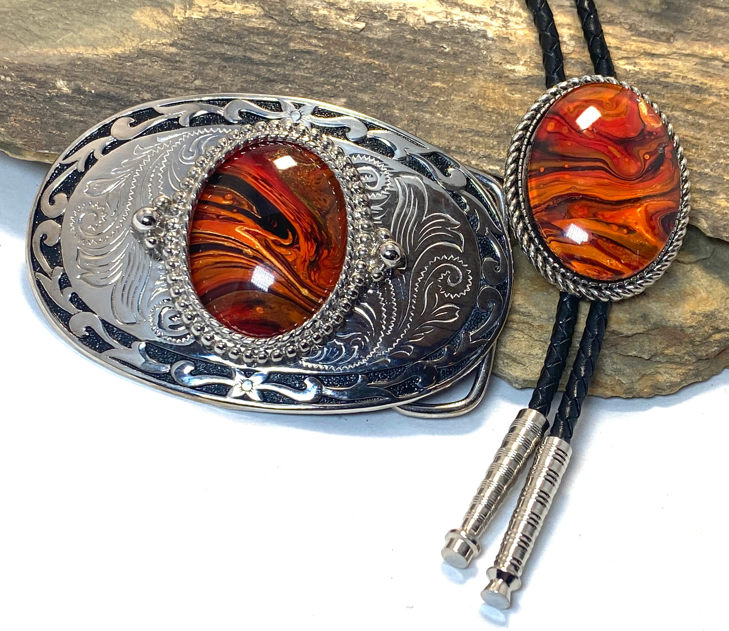 Red earthtone art in silver bolo - SET AVAILABLE