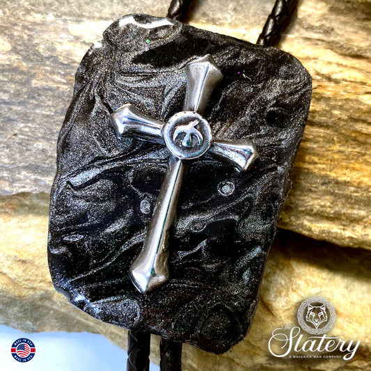 Christian bolo tie made from slate w stainless steel cross