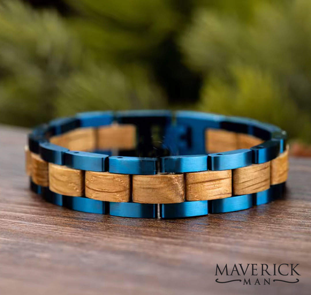 Handsome blue stainless steel and wood bracelet