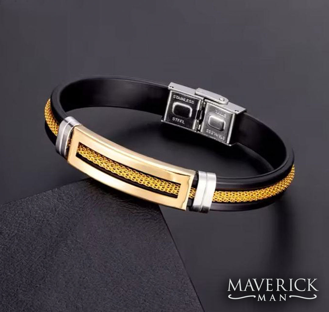 Handsome black bracelet with gold stainless steel accents