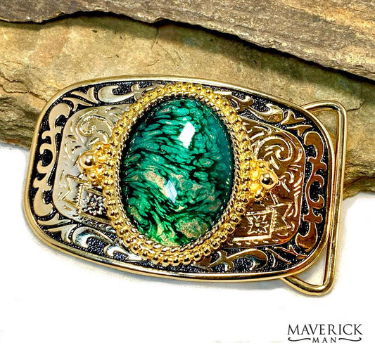 Gold buckle with black accents - with green stone