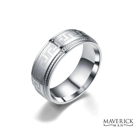 Stainless Steel ring with Greek scroll engraving