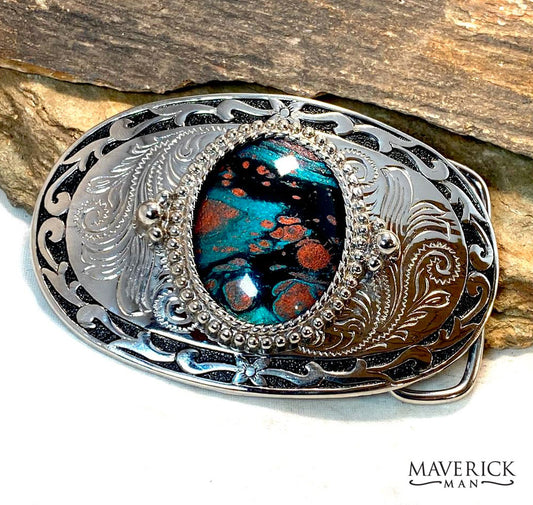 Large silver buckle with black detailing and our hand painted stone