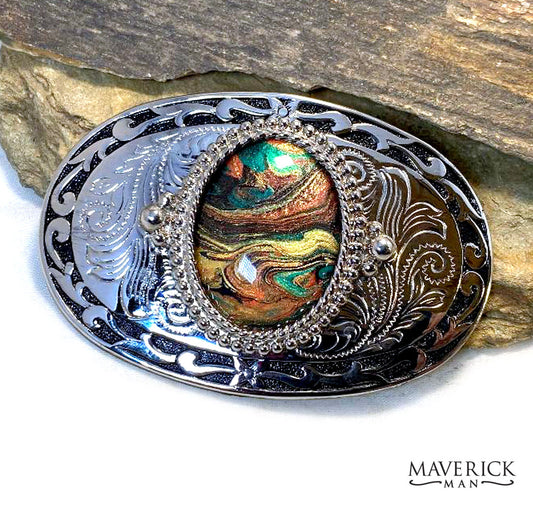 Silver buckle with black accents - with hand painted stone