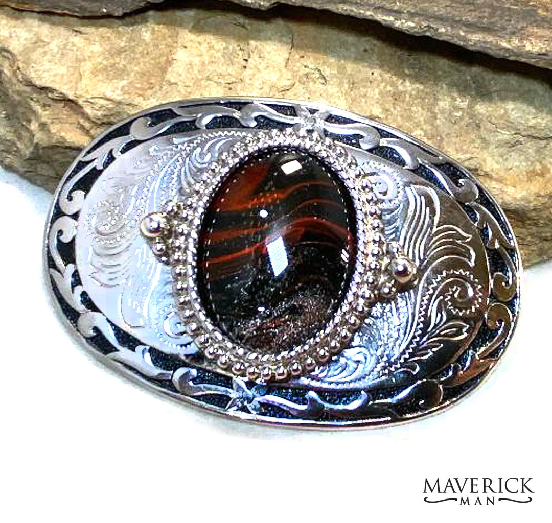 Silver and black filigree buckle with hand painted stone from our FOX collection