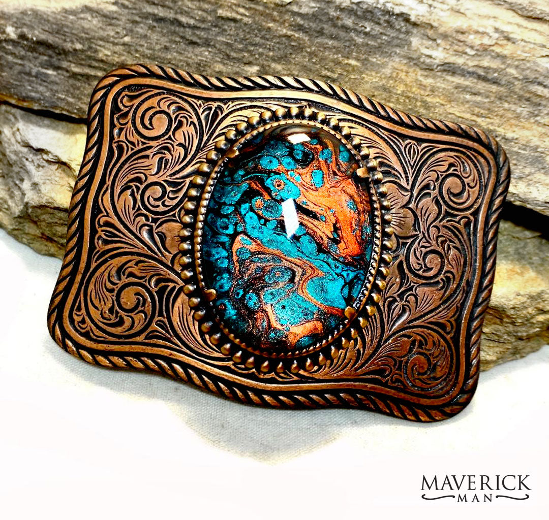Copper buckle with our hand painted turquoise and copper hand painted stone