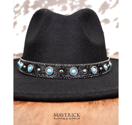 Black leather hat band with faux turquoise mini-conchos - tie back