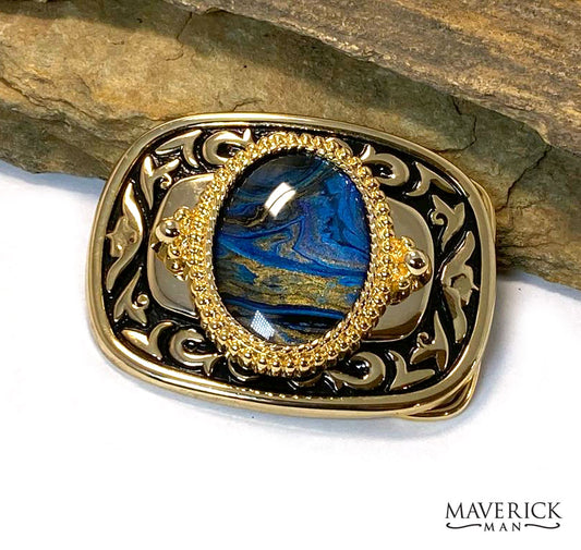 Gold and black buckle with gold and blue hand painted stone