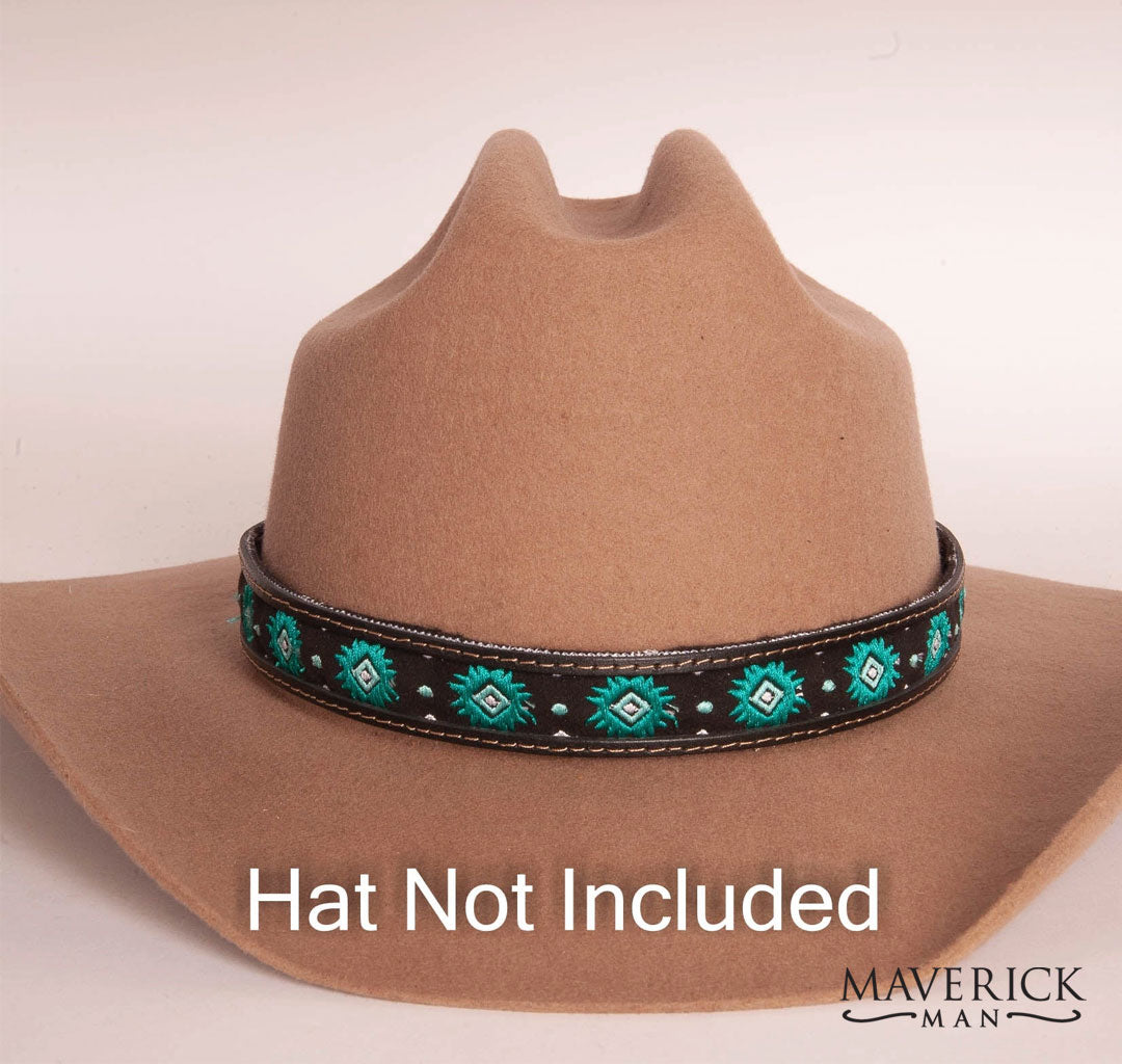 Brown leather hat band with embroidered teal accents