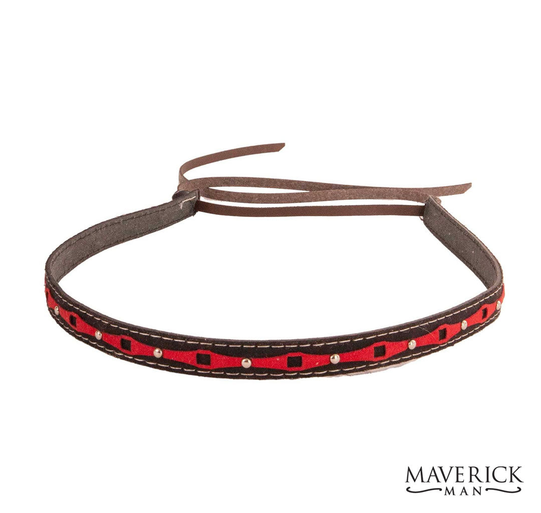 Brown hat band with embroidered red accents
