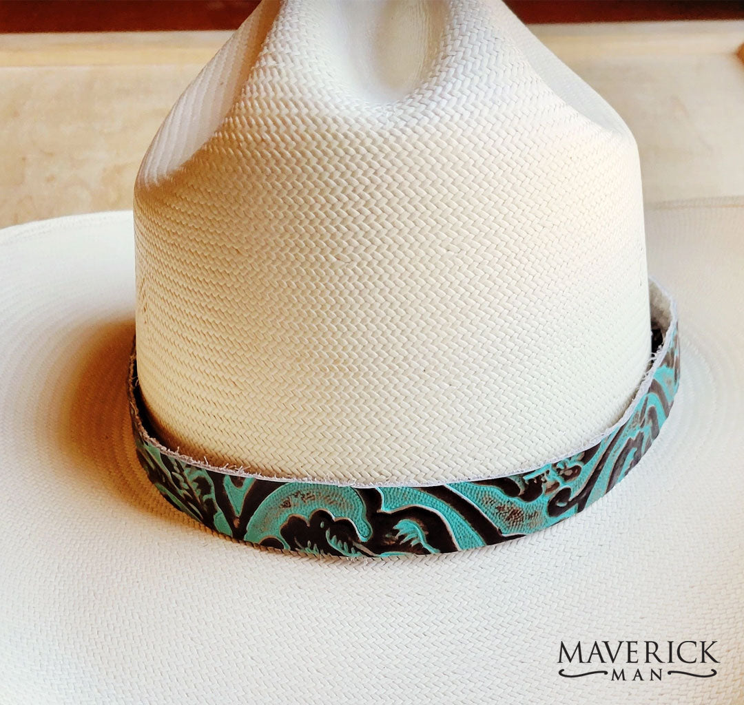 Embossed leather hat band with turquoise accents