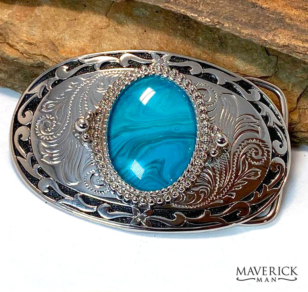 Large silver and black filigree buckle with turquoise blue hand painted stone