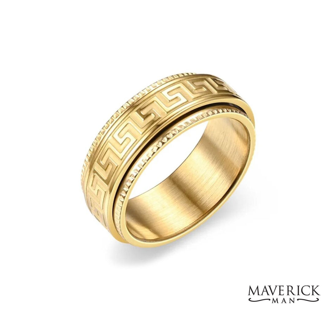 Stainless Steel spinner ring with Greek scroll engraving