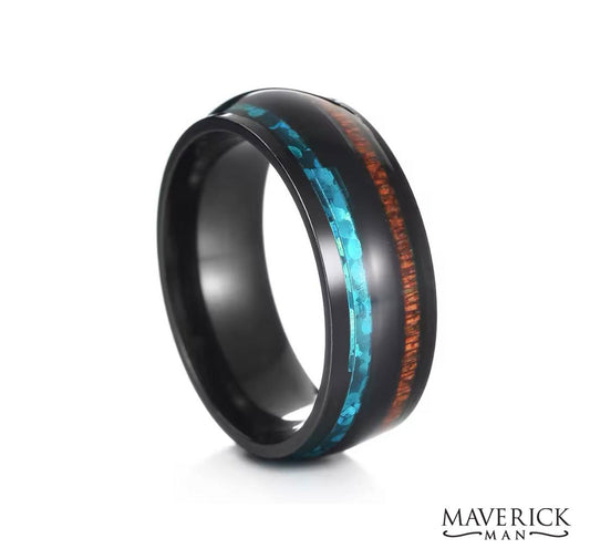 Good looking wood and faux fire opal ring in black tungsten