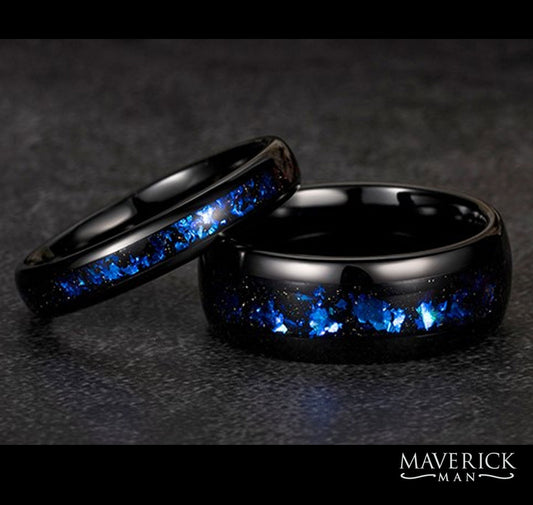 Black plated tungsten ring with blue nebula inlay