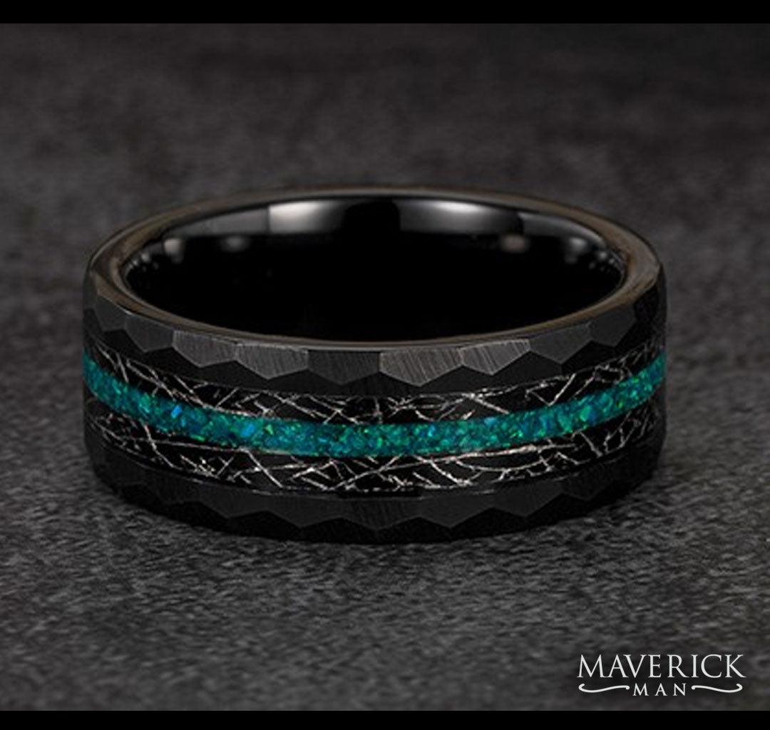 Black plated tungsten ring with faux meteorite and turquoise green opal inlays