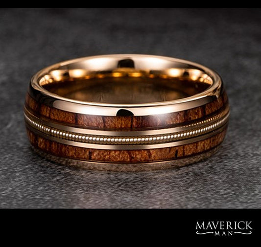 Rose gold plated tungsten steel ring with wood and guitar string inlays