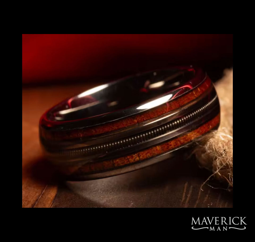 Black tungsten steel ring with wood and guitar string inlays