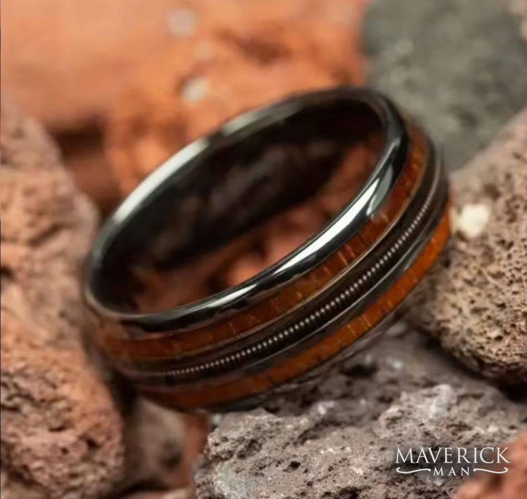 Black tungsten steel ring with wood and guitar string inlays