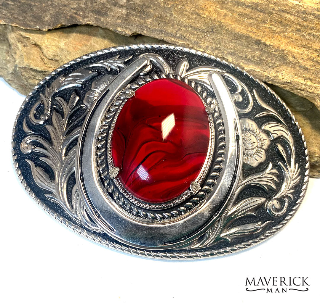 Handsome red and black bolo tie and buckle set