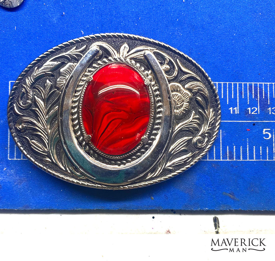 Handsome red and black bolo tie and buckle set