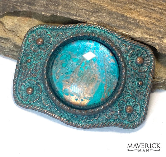 Turquoise and copper buckle with coordinating hand painted stone