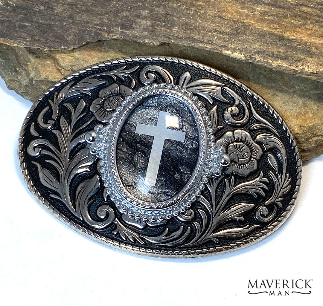 Black and silver Christian belt buckle