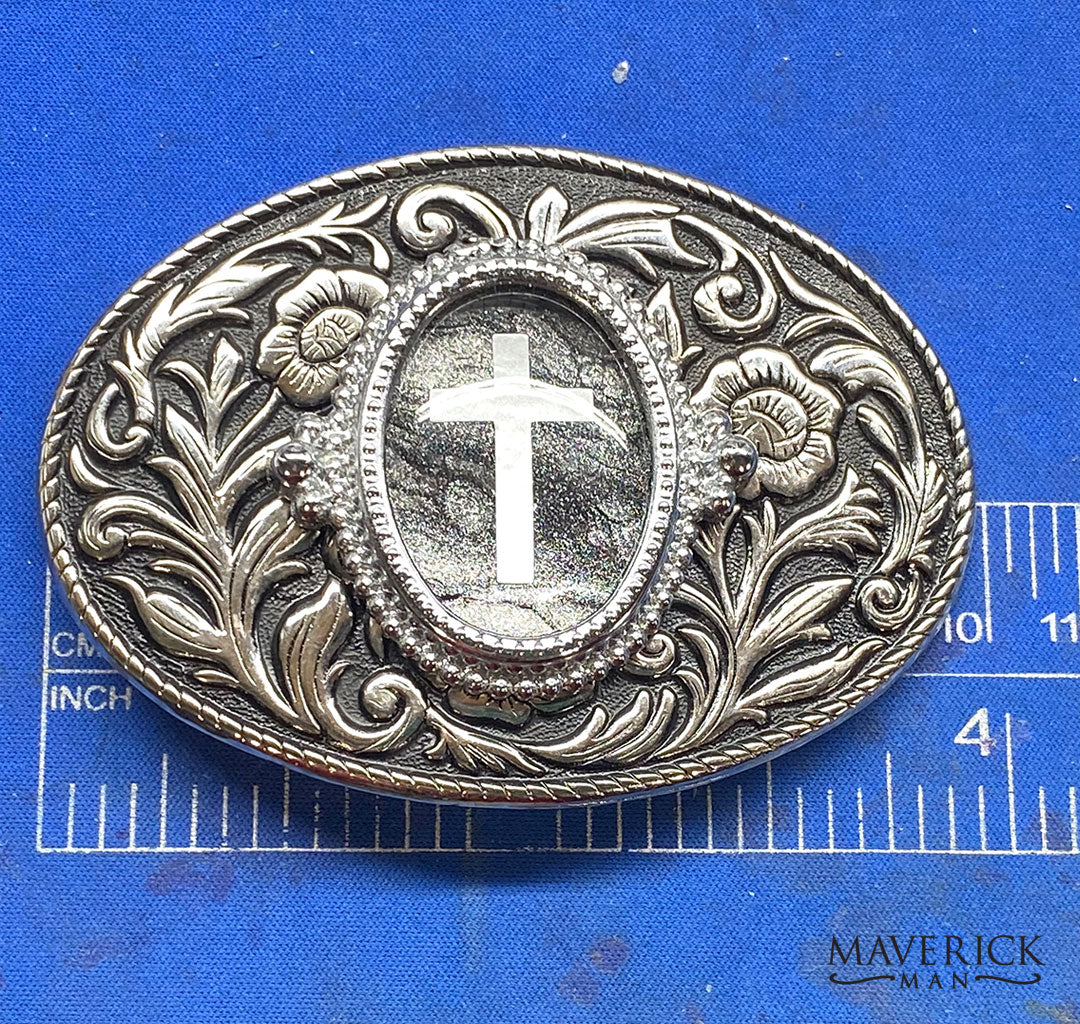 Black and silver Christian belt buckle