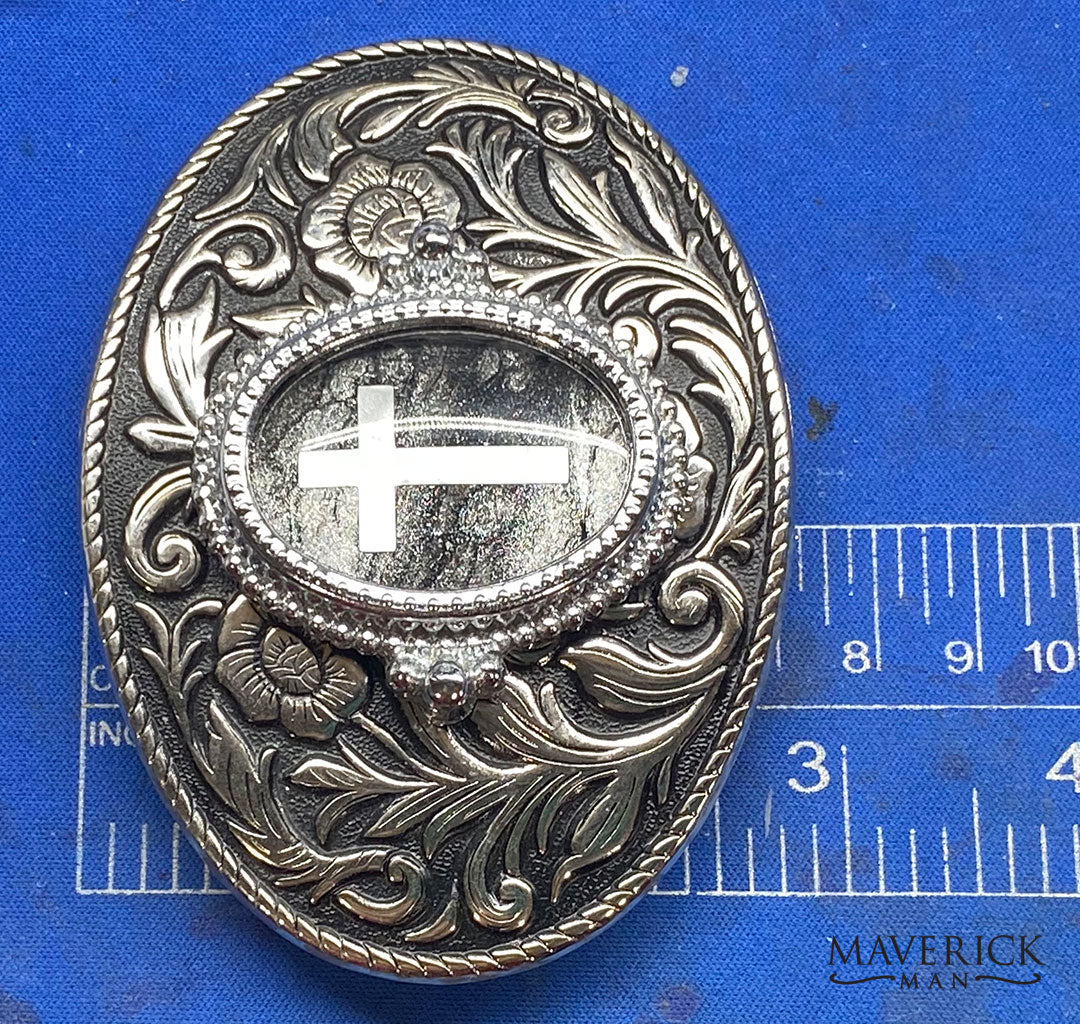 Black and silver Christian belt buckle