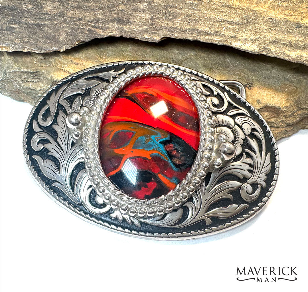 Striking southwestern colors in silver filigree buckle