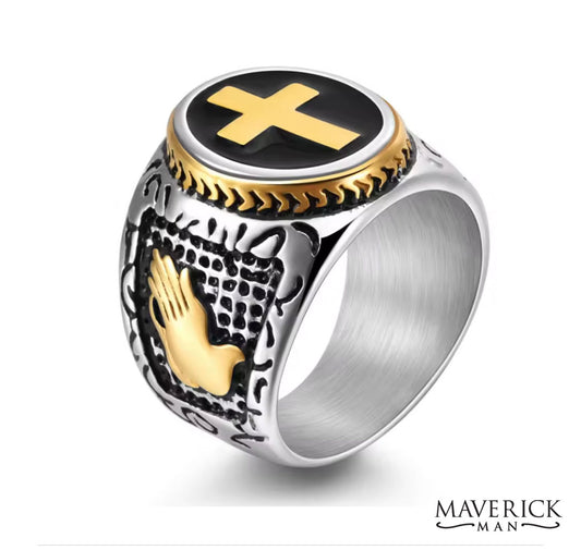 Cross ring with gold details in solid titanium stainless steel